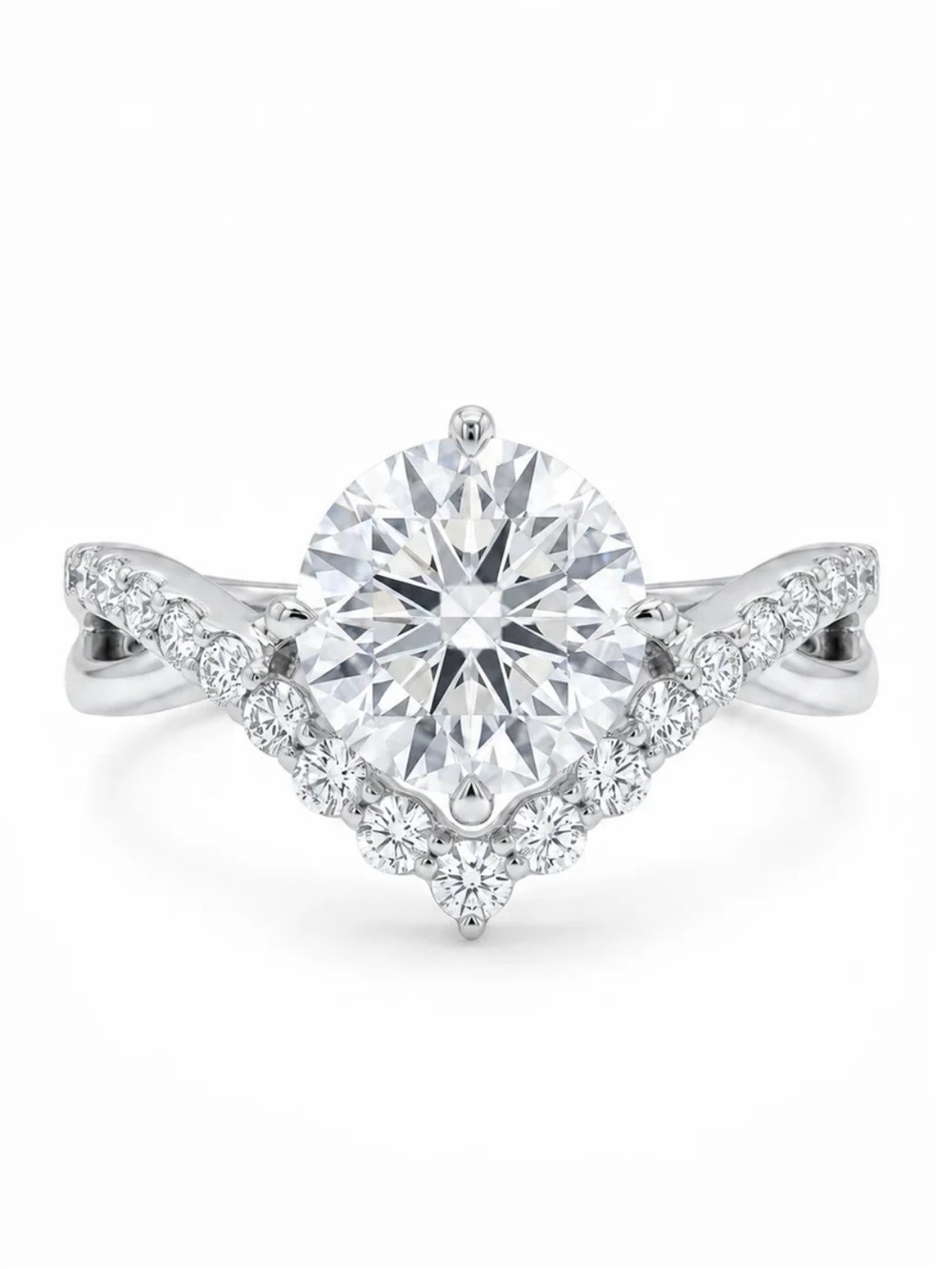Classic White Gold Round-Cut Solitaire V-Style Moissanite Diamond Ring